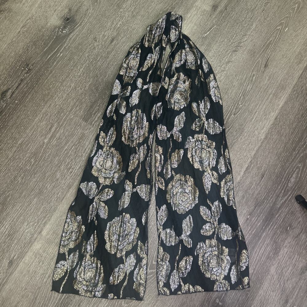 Collectif Black Long Rayon Scarf w/ Silver & Gold Metallic Roses Japan Vintage